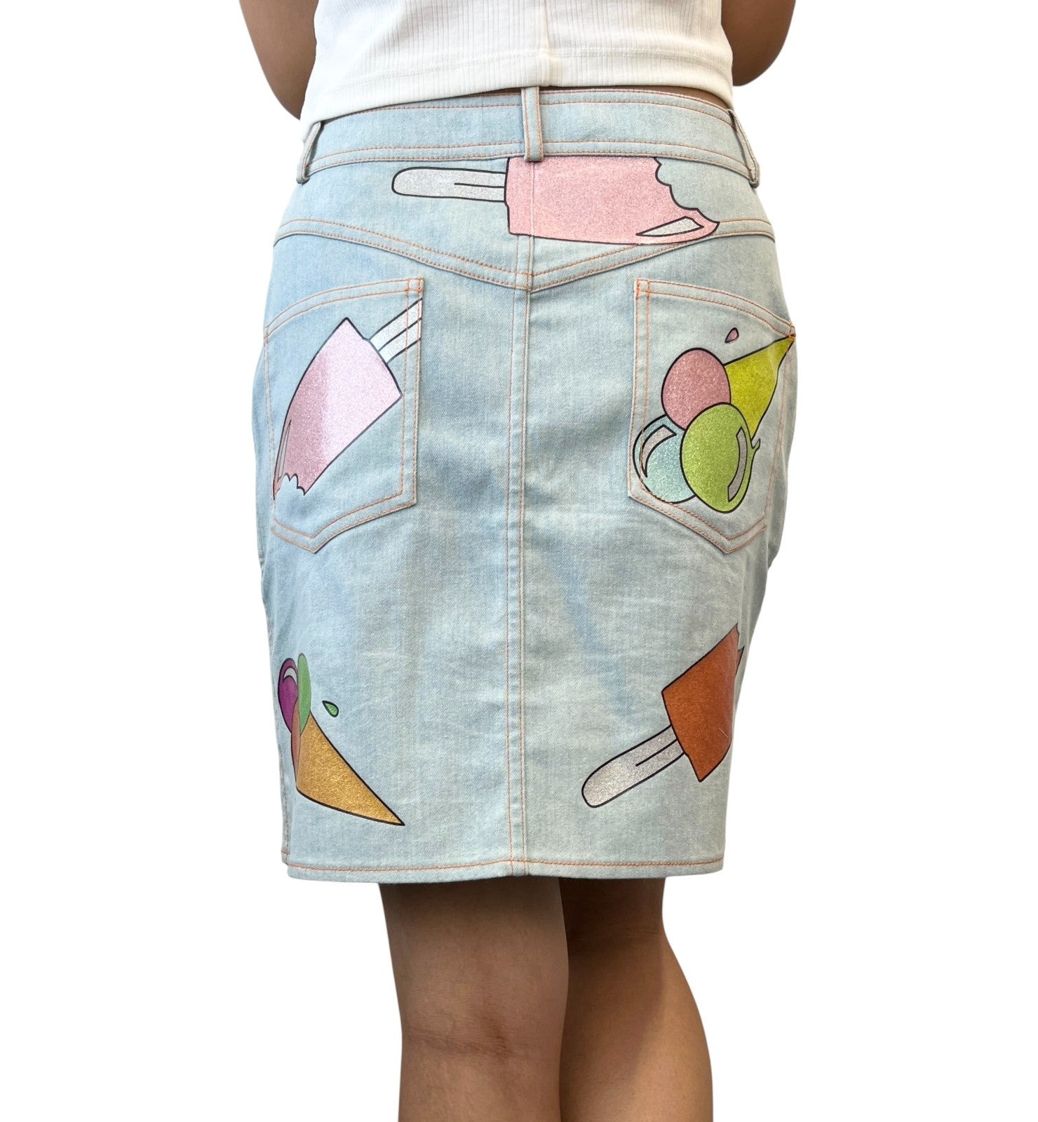 Christian Dior Vintage 2002 Glitter Denim Skirt Ice Cream Print #38 Blue Cotton