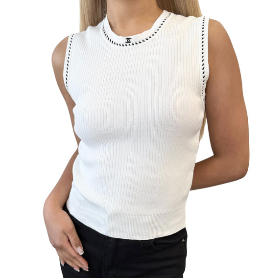 CHANEL Vintage 96P CC Mark Logo Knit Tank Top #42 White Black Cotton Stitch