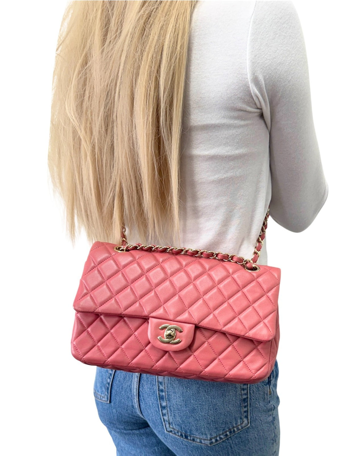 CHANEL Vintage CC Logo Quilted Double Chain 2way Bag Pink Gold Leather 902959