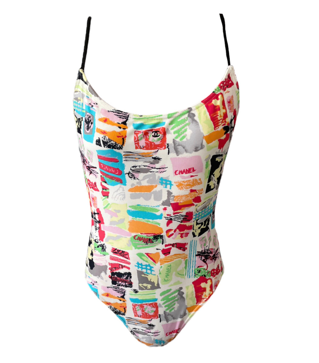 CHANEL Vintage CC Mark Swimsuit Bodysuit One Piece #38 Nylon Multicolor RankAB