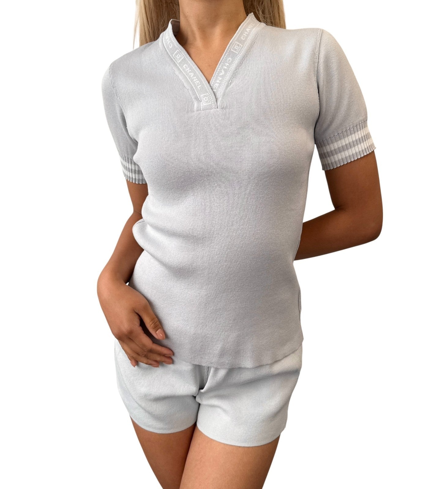 CHANEL Sport Vintage 04P CC Logo T-shirt Shorts Set Cotton Gray Short Pants