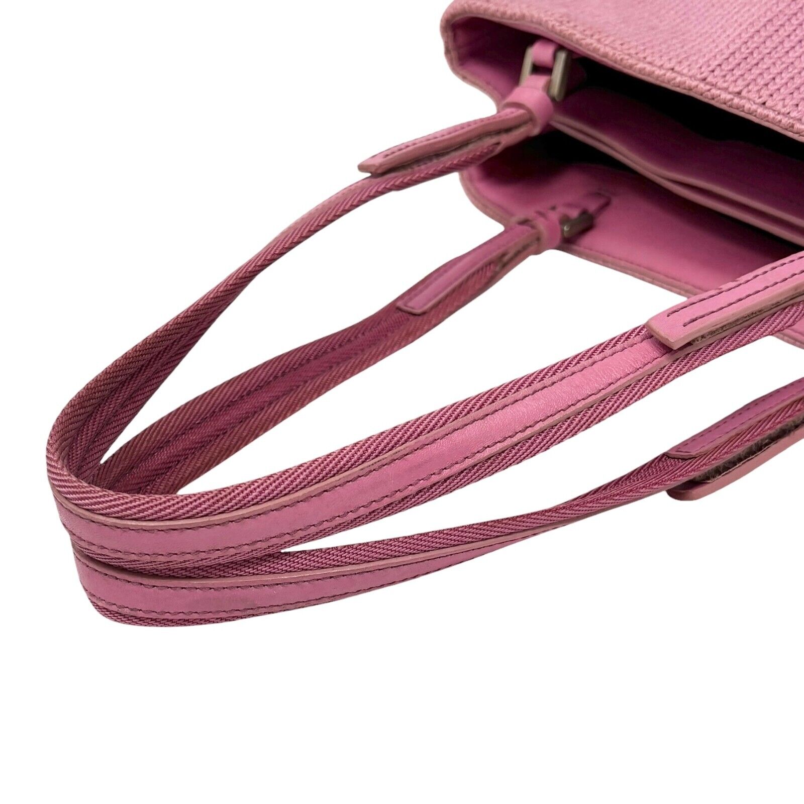 PRADA Vintage Logo Knit Tote Bag Shoulder Bag Pink Silver Wool Leather