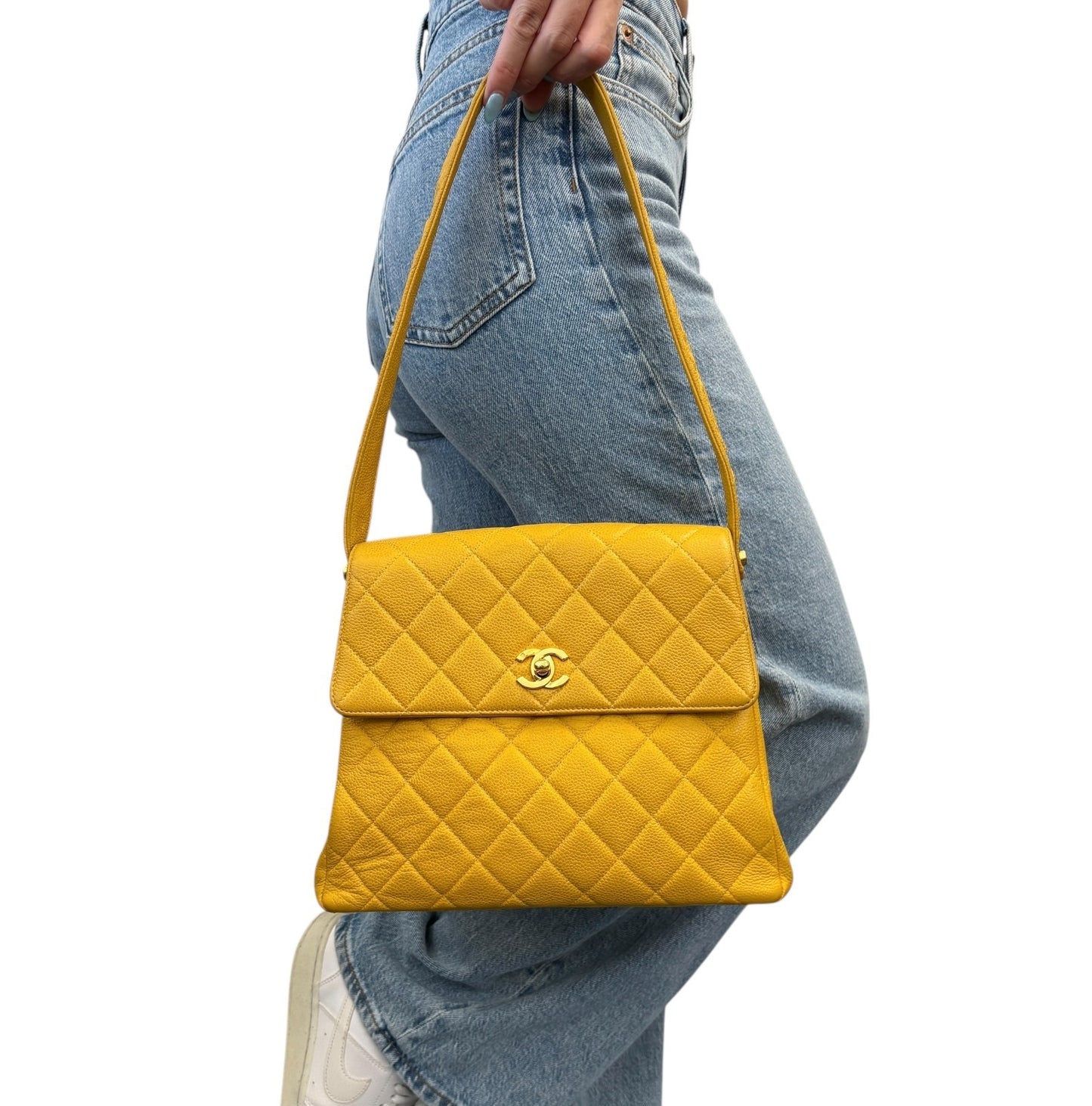 CHANEL Vintage CC Logo Turnlock Quilted Flap Shoulder Bag Yellow Gold Leather