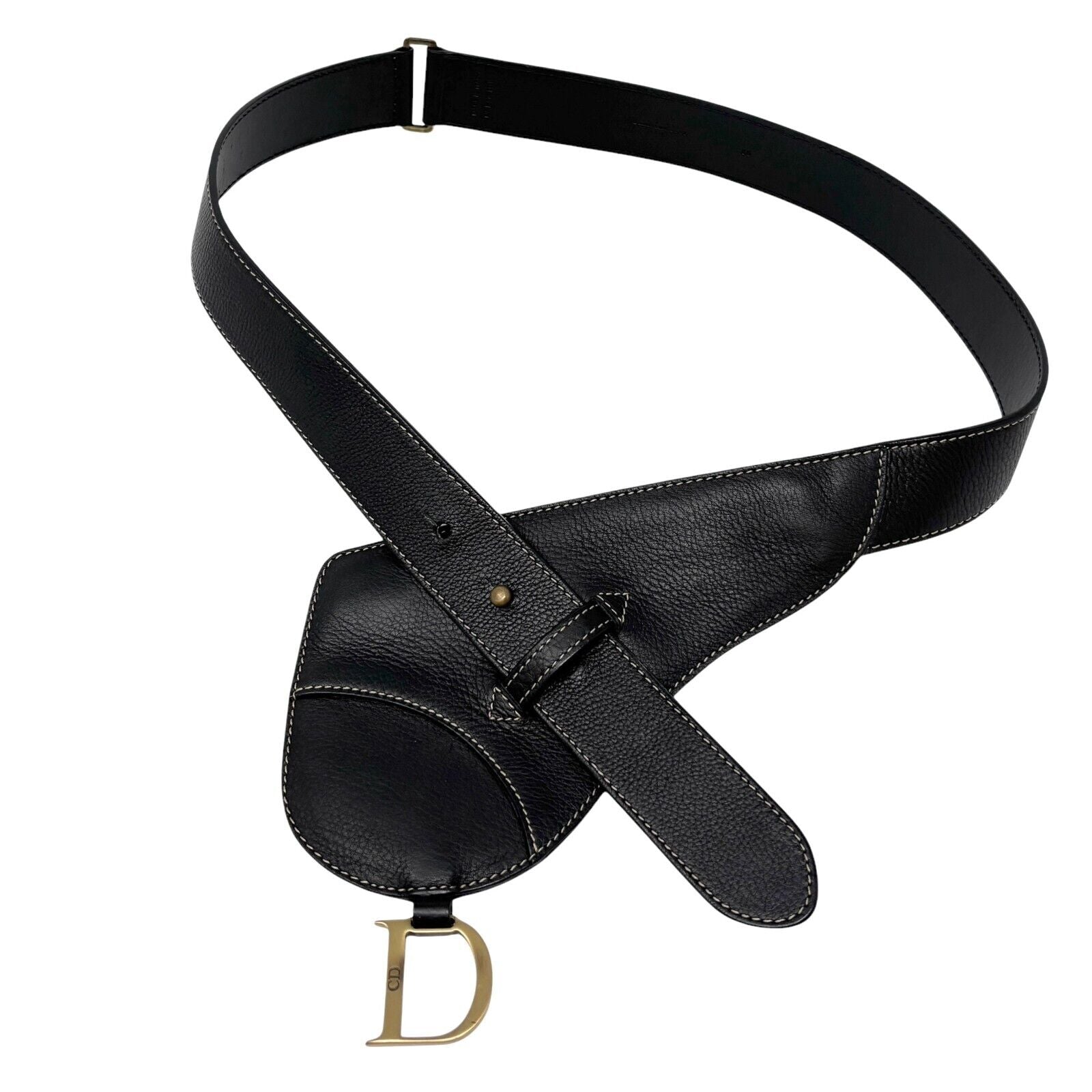 Christian Dior Vintage 2002 Saddle Waist Bag #85 Pouch Belt Black Gold Leather