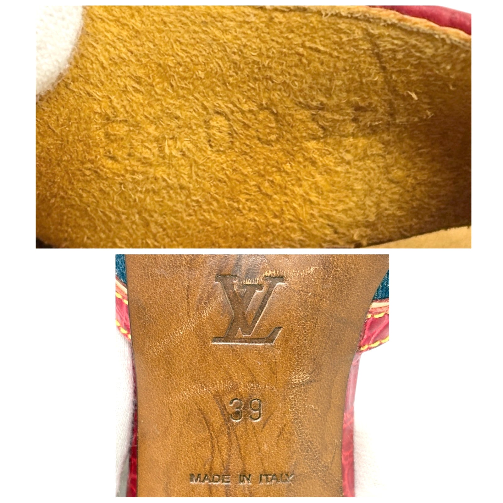 LOUIS VUITTON Vintage Monogram Denim Mule Sandals Heels #39 Blue Red Leather