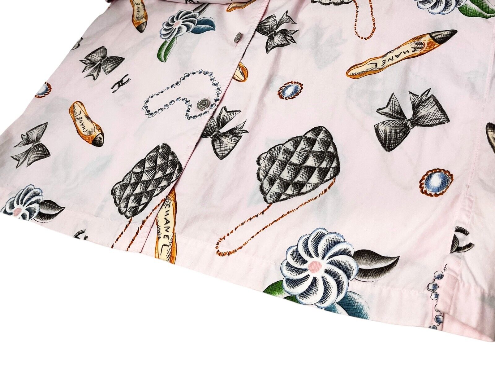 CHANEL Vintage 1996 CC Logo Shirt Top #38 Button Up Pink Multicolor Cotton