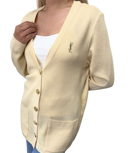Yves Saint Laurent Vintage YSL Logo Cardigan Sweater Top Cream Gold 902375