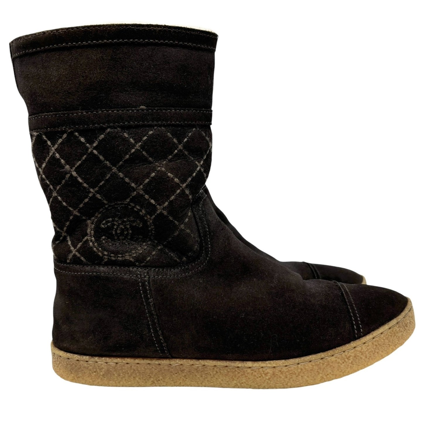 CHANEL Vintage CC Mark Logo Mid Calf Boots #39.5 Stitch Dark Brown Cream Suede