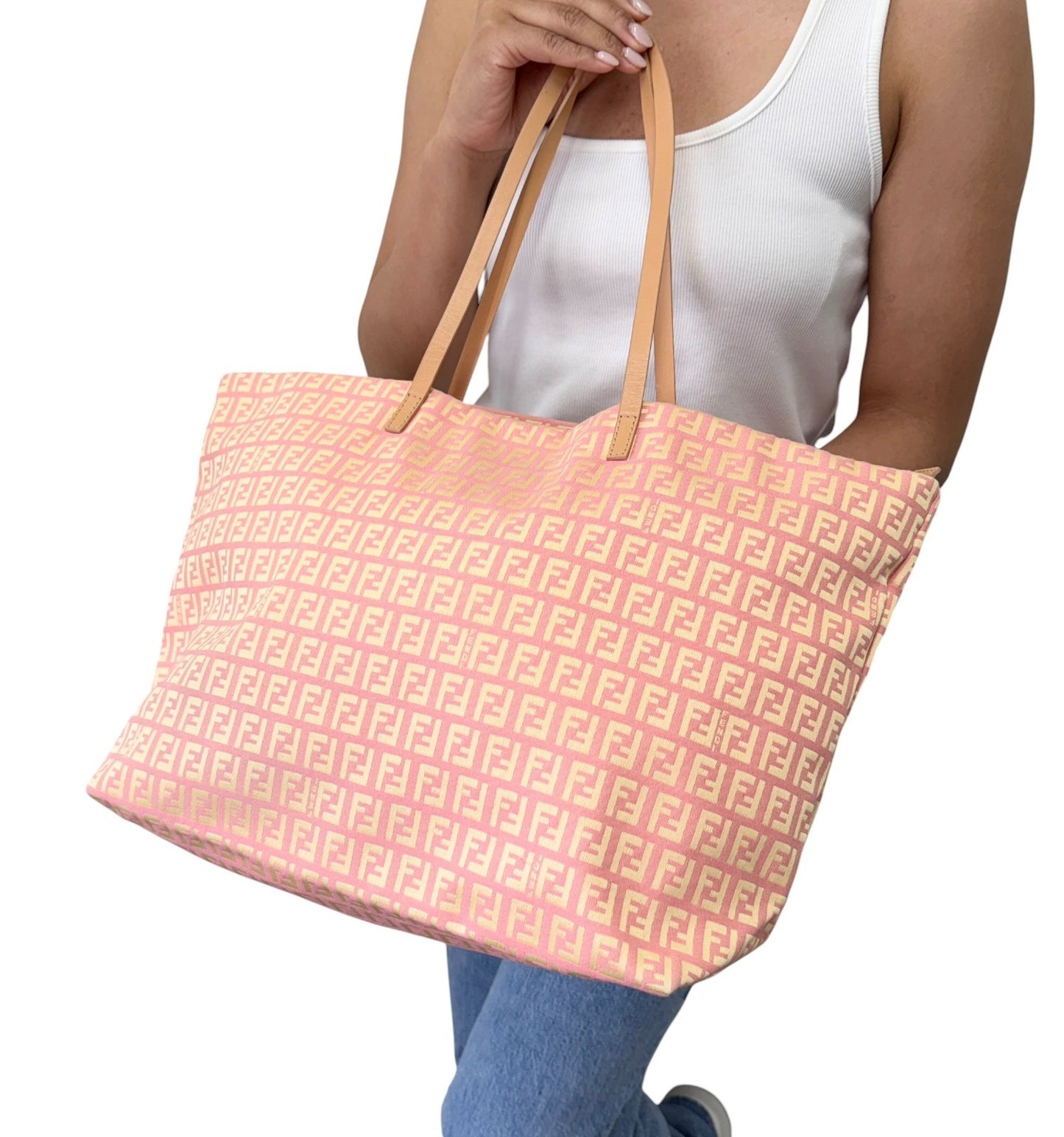 FENDI Vintage FF Logo Zucchino Tote Bag Pink Yellow Canvas Leather 901894