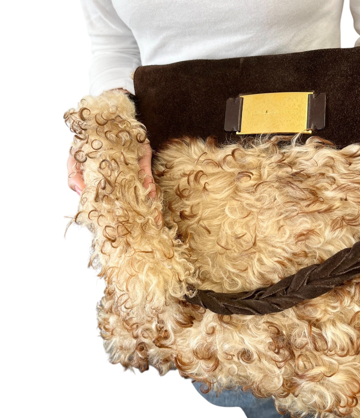 DOLCE&GABBANA Vintage Curly Lamb Shearling Suede Shoulder Bag Brown Beige Fur