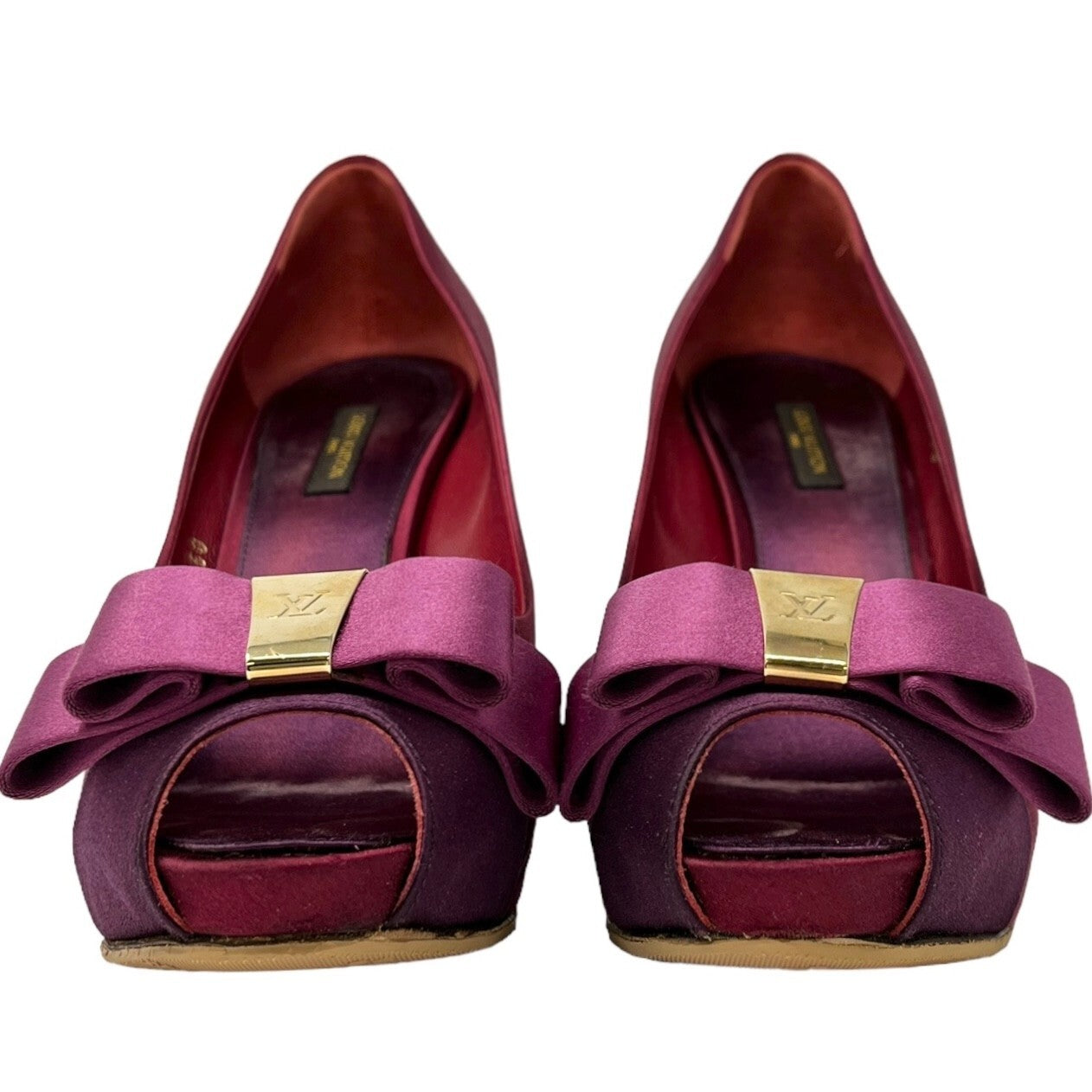 LOUIS VUITTON LV Logo Sandals Heels #38.5 US8 Open Toe Ribbon Red Purple RankAB