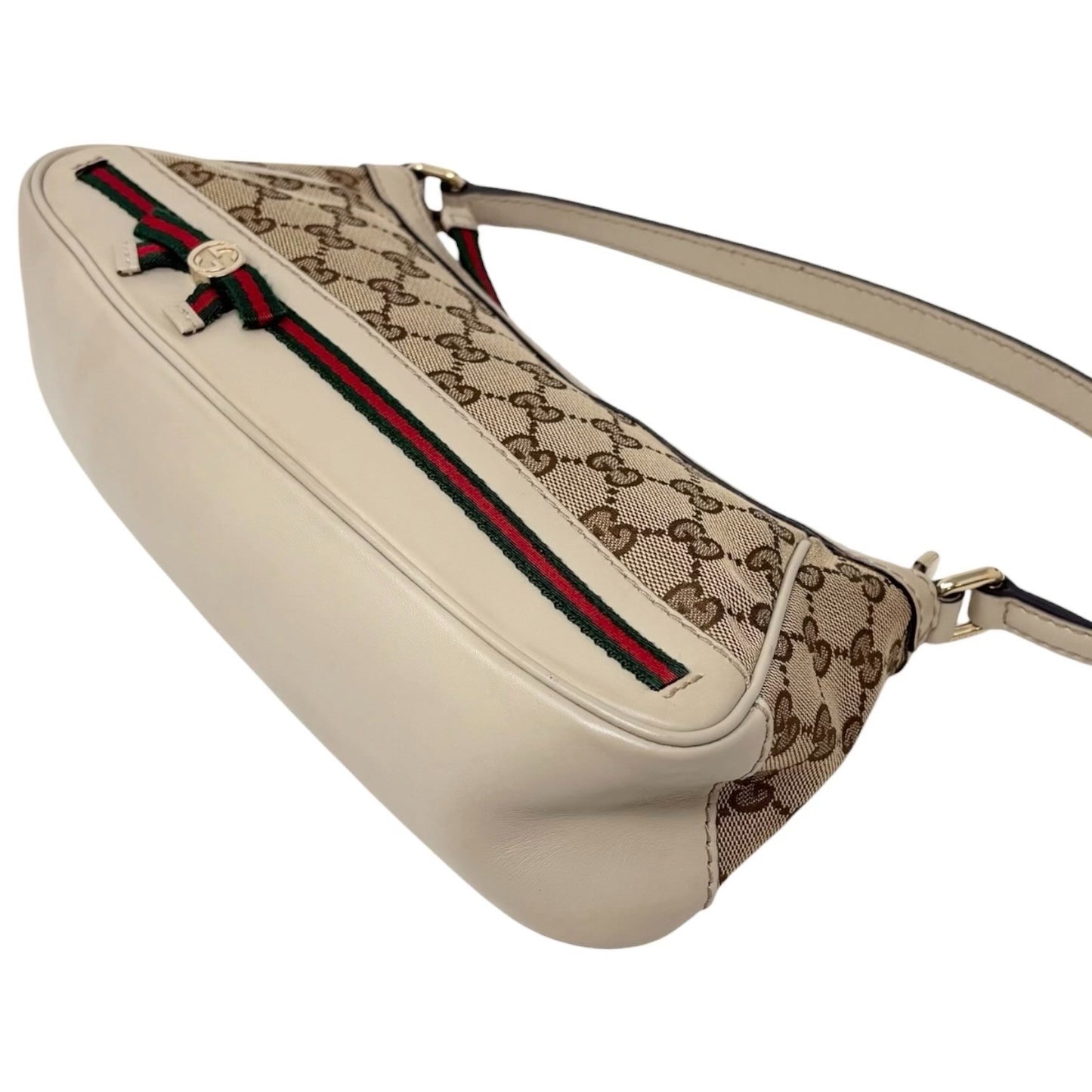 GUCCI Vintage GG Monogram Web Stripe Canvas Shoulder Bag Beige Ribbon 902290