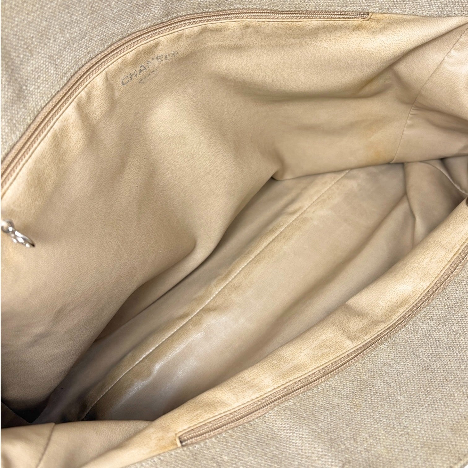 CHANEL Vintage CC Big Logo Shoulder Tote Large Bag Beige Canvas Linen Leather