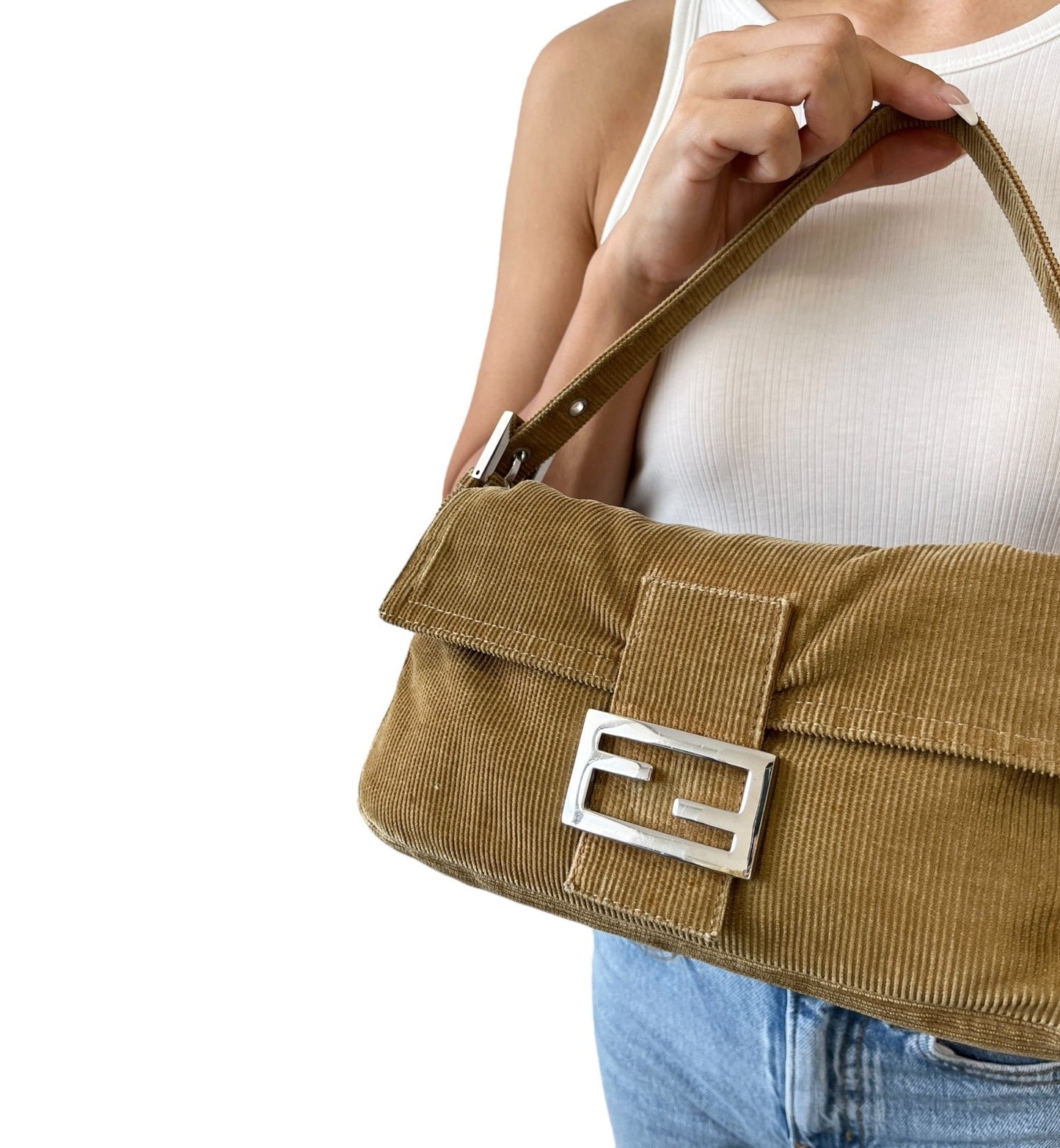FENDI Vintage FF Logo Mamma Baguette Corduroy Shoulder Bag Beige Silver