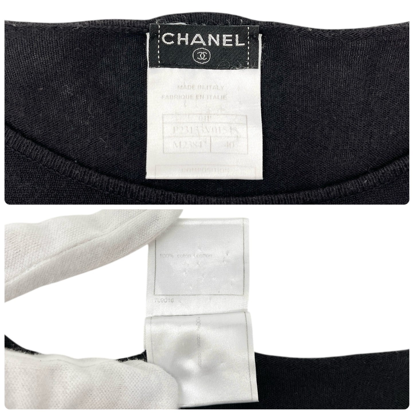 CHANEL Vintage 04P Logo Knit T-shirt Top #40 Round Neck Black White Cotton