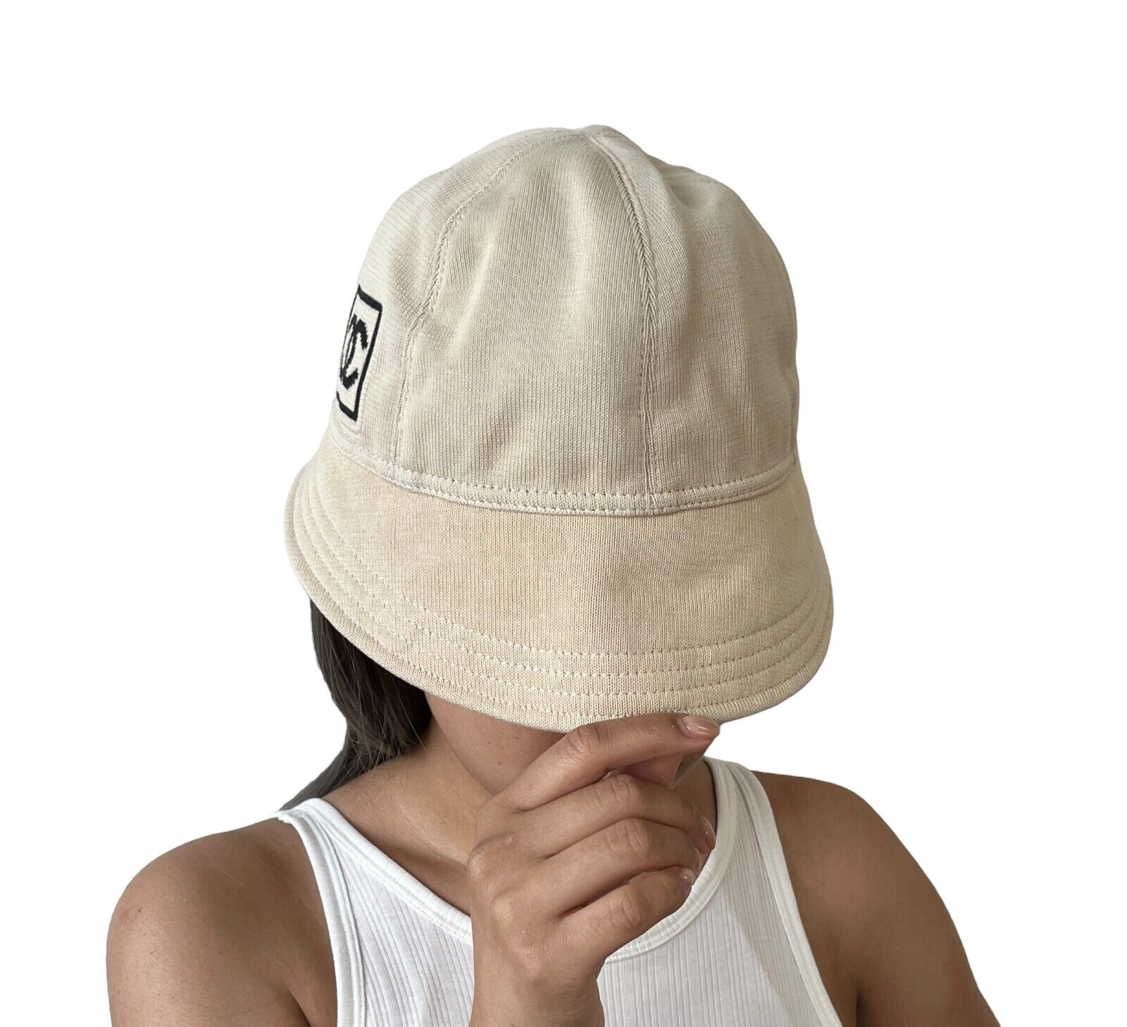 CHANEL Sport Vintage 03A CC Logo Bucket Hat #M Beige Black Cotton Rank AB