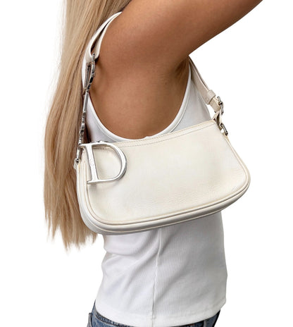 Christian Dior Vintage Logo D Charm Shoulder Bag White Silver Leather 902377