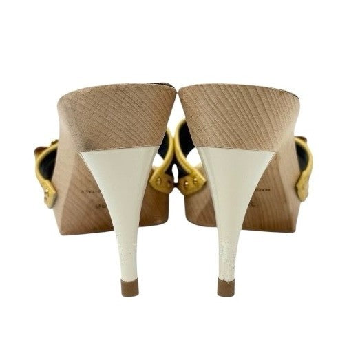 LOUIS VUITTON Vintage Logo Monogram Sandals Heels #36 Blue Yellow Leather