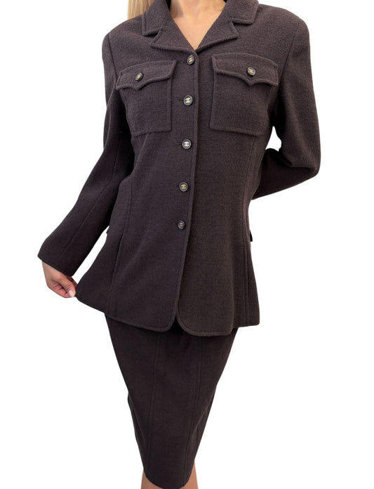 CHANEL Vintage 95A Tweed Suits Jacket Skirt #40 Wool Button Brown Gold