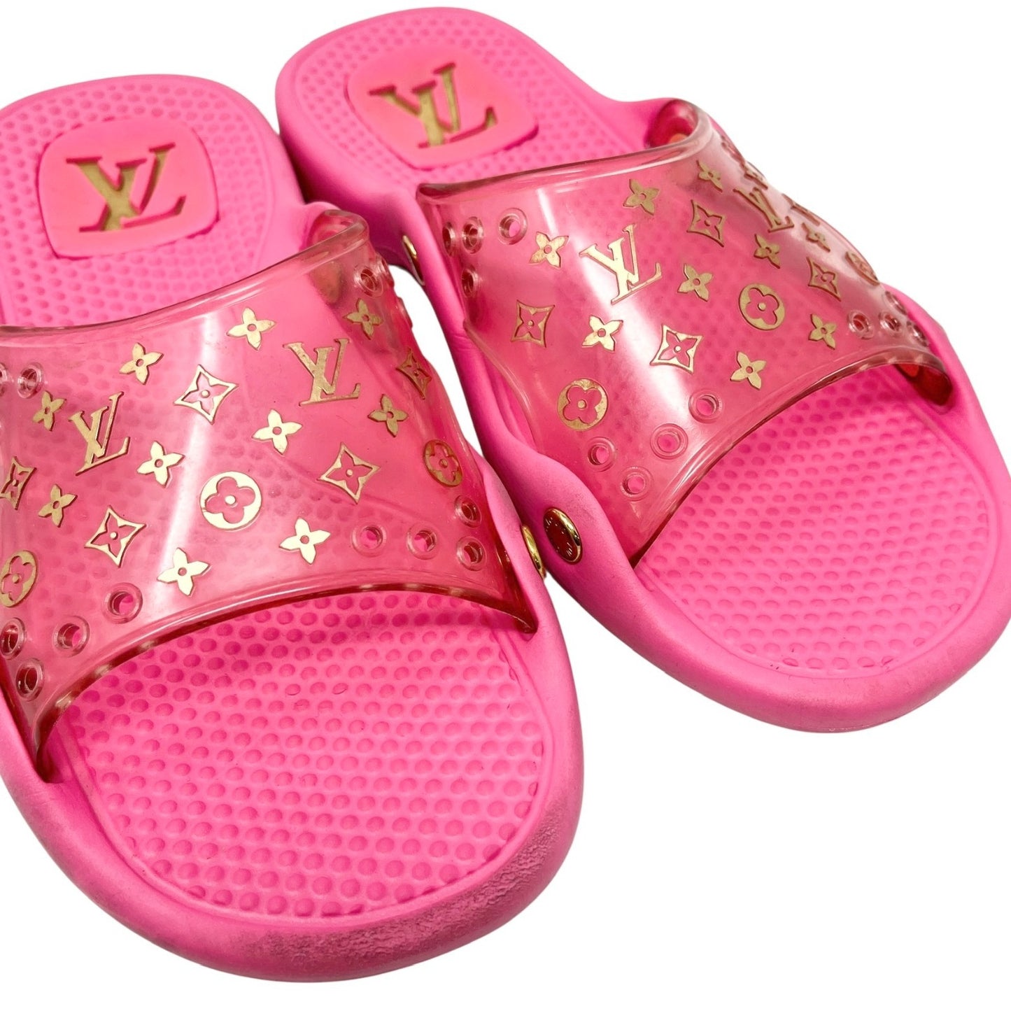 LOUIS VUITTON Vintage LV Monogram Logo Slide Sandals      37-37.5 Pink Gold Rubber