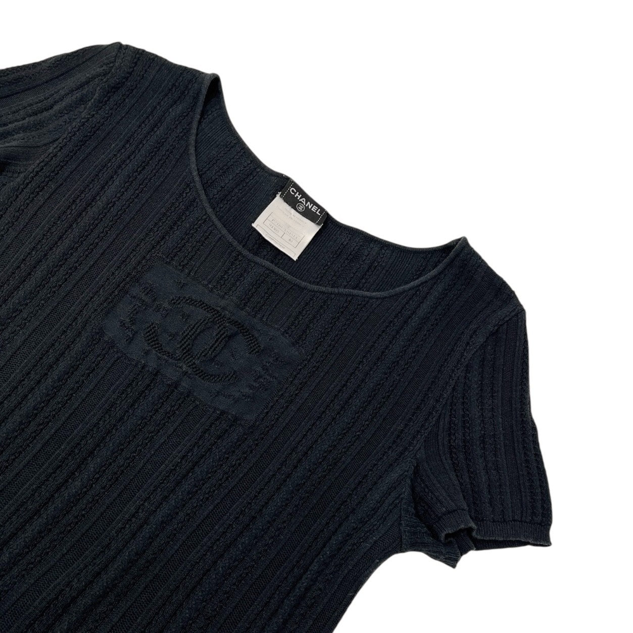 CHANEL Vintage 04P CC Logo Knit Top T-shirt #40 Black Cotton See-throgh Mesh