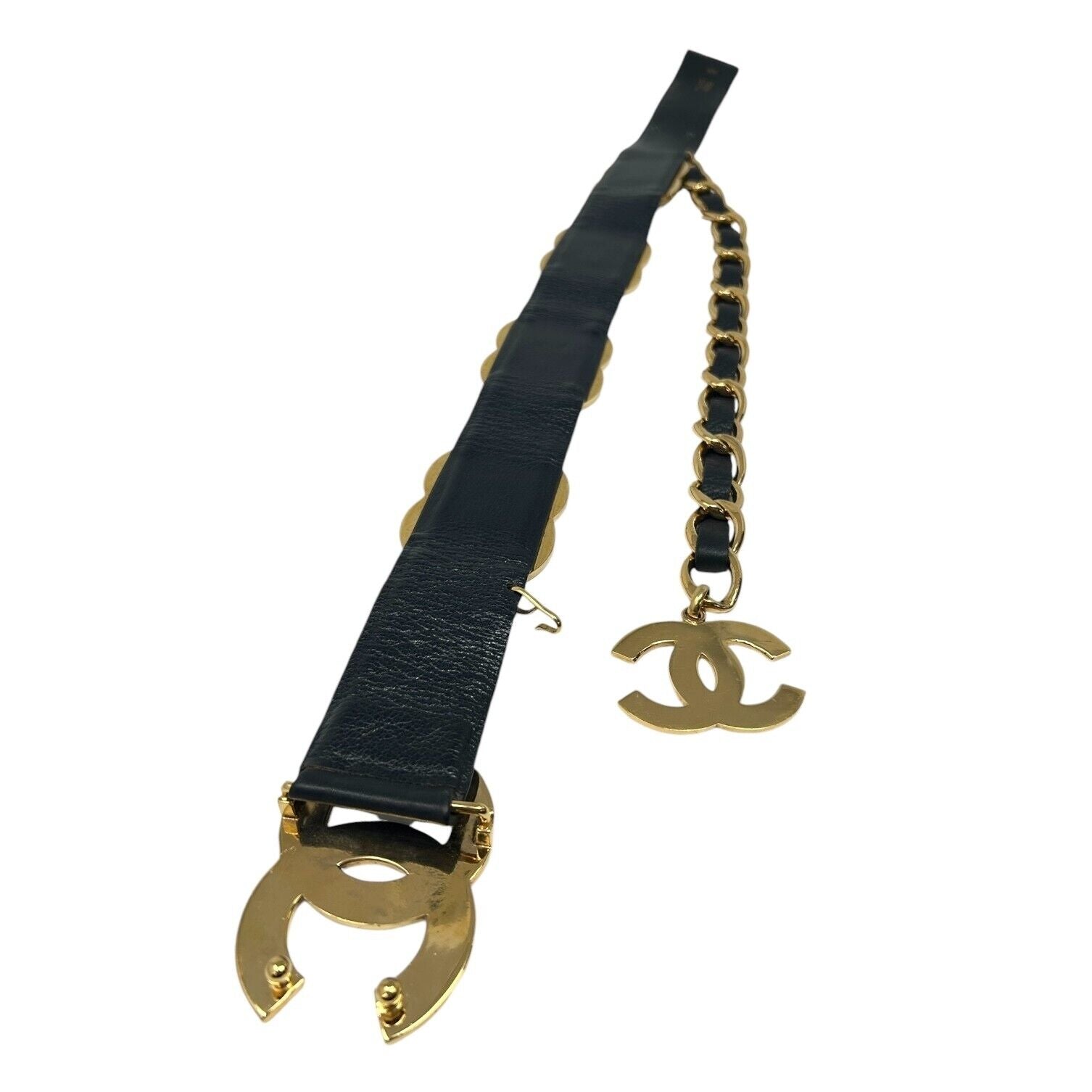 CHANEL Vintage 93P Runway Big CC Logo Belt Dangle Black Gold Leather Rank AB