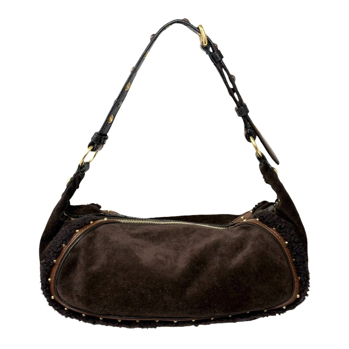 miumiu Vintage Shearling Studded Shoulder Bag Suede Boa Brown Gold 902328