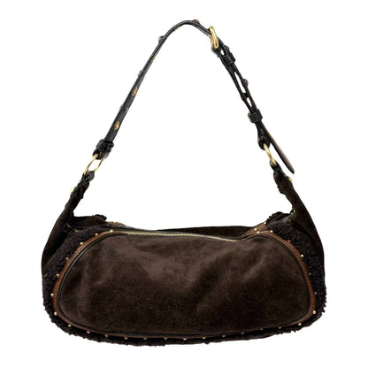 miumiu Vintage Shearling Studded Shoulder Bag Suede Boa Brown Gold 902328
