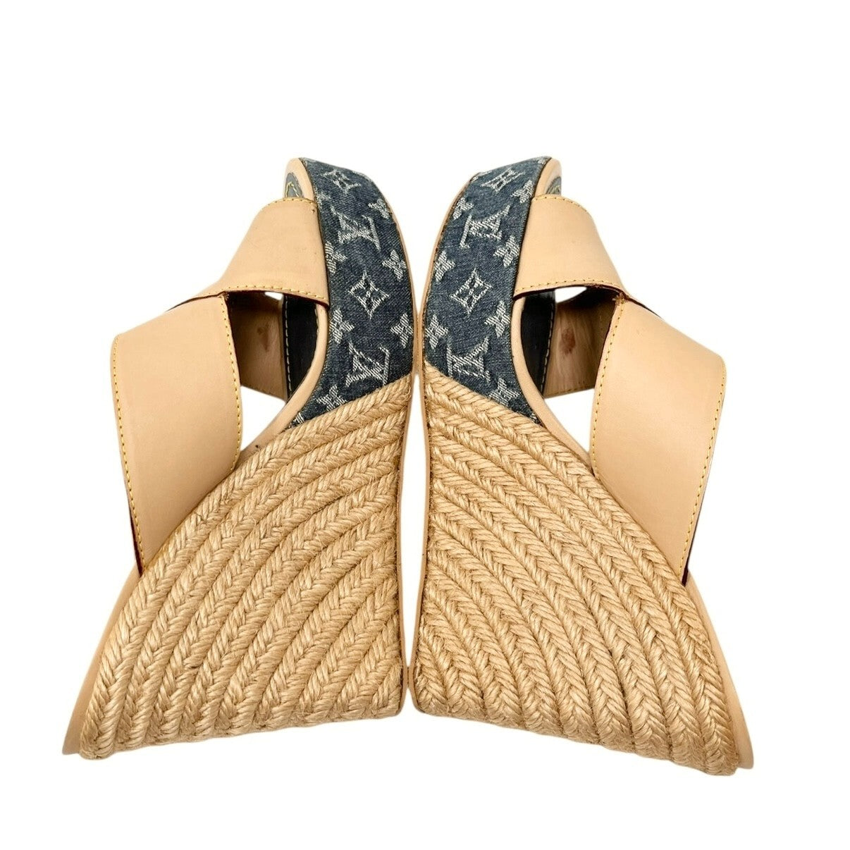 LOUIS VUITTON Vintage LV Logo Monogram Sandals #36-36.5 Beige Blue Leather Belt