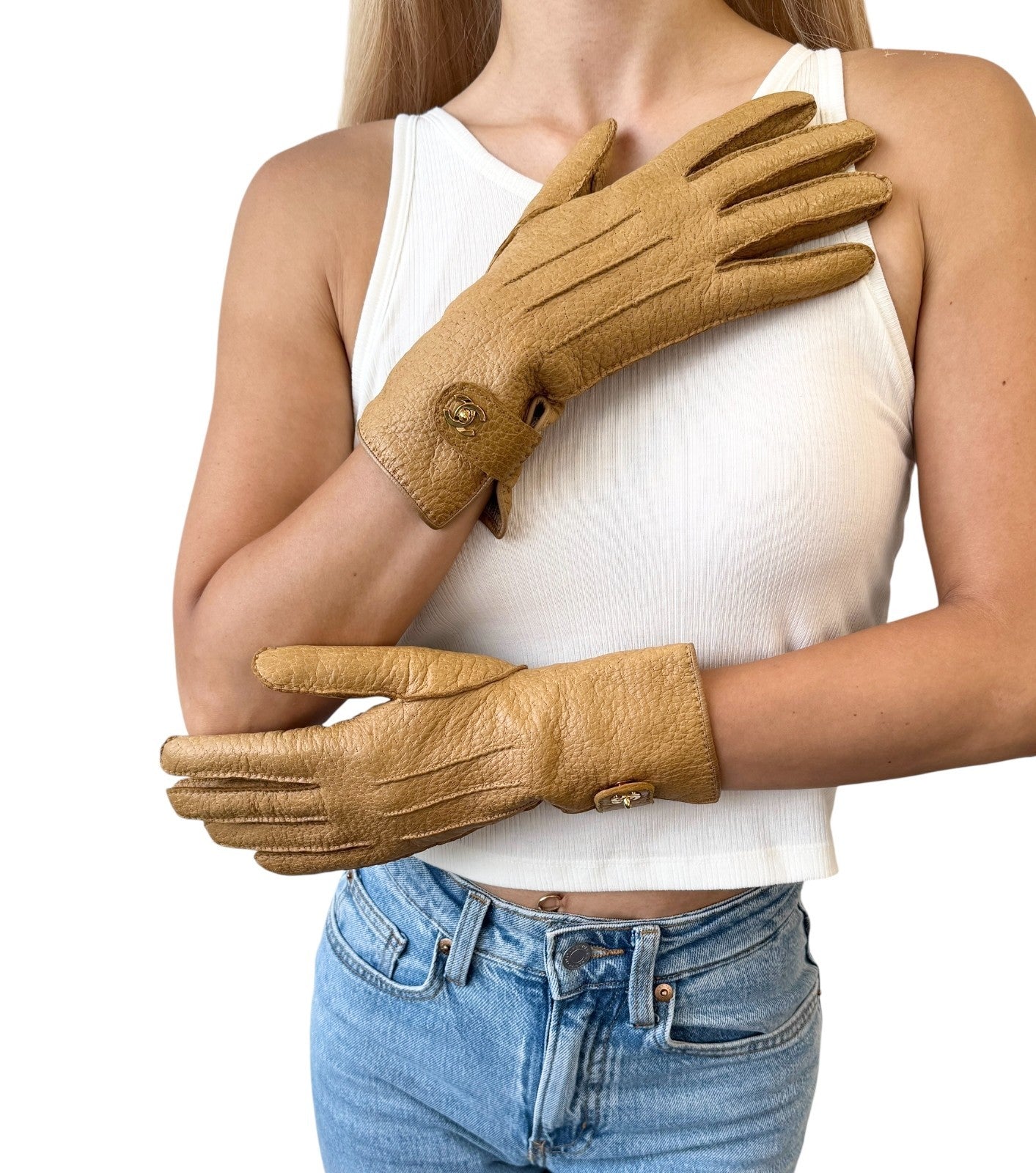 CHANEL Vintage CC Mark Logo Gloves Turn Lock #7.5 Leather Light Brown Gold