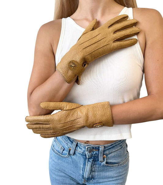 CHANEL Vintage CC Mark Logo Gloves Turn Lock #7.5 Leather Light Brown Gold