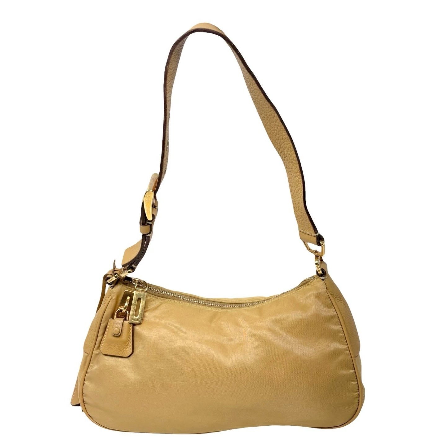 PRADA Vintage Triangle Logo Tessuto Nylon Shoulder Hobo Bag Leather Yellow Key