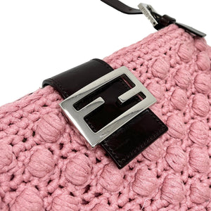FENDI Vintage FF Logo Mamma Baguette Shoulde Bag Zip Pink Brown Wool Rank AB