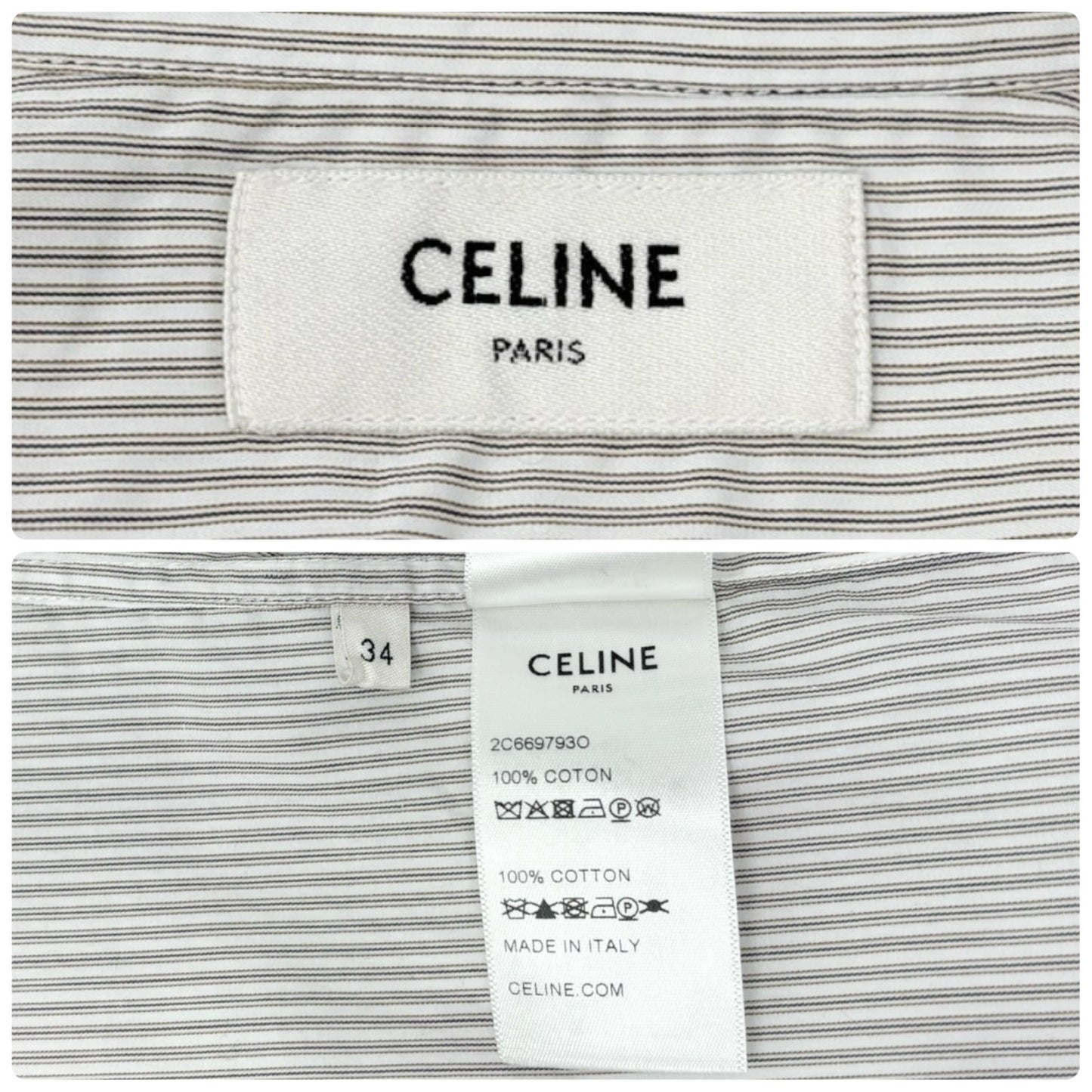CELINE Triomphe Logo Stripe Button Up Shirt Long Sleeve #34 Brown White 901967