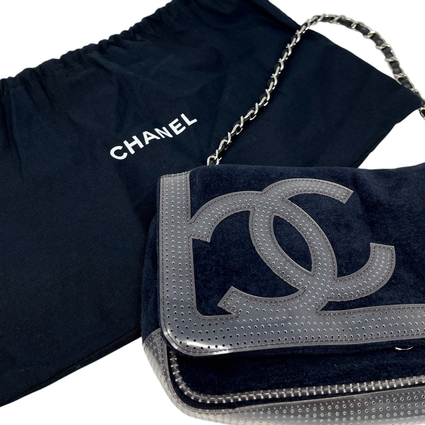 CHANEL Sport Vintage CC Logo Terry Cloth Shoulder Bag Pochette Black Silver