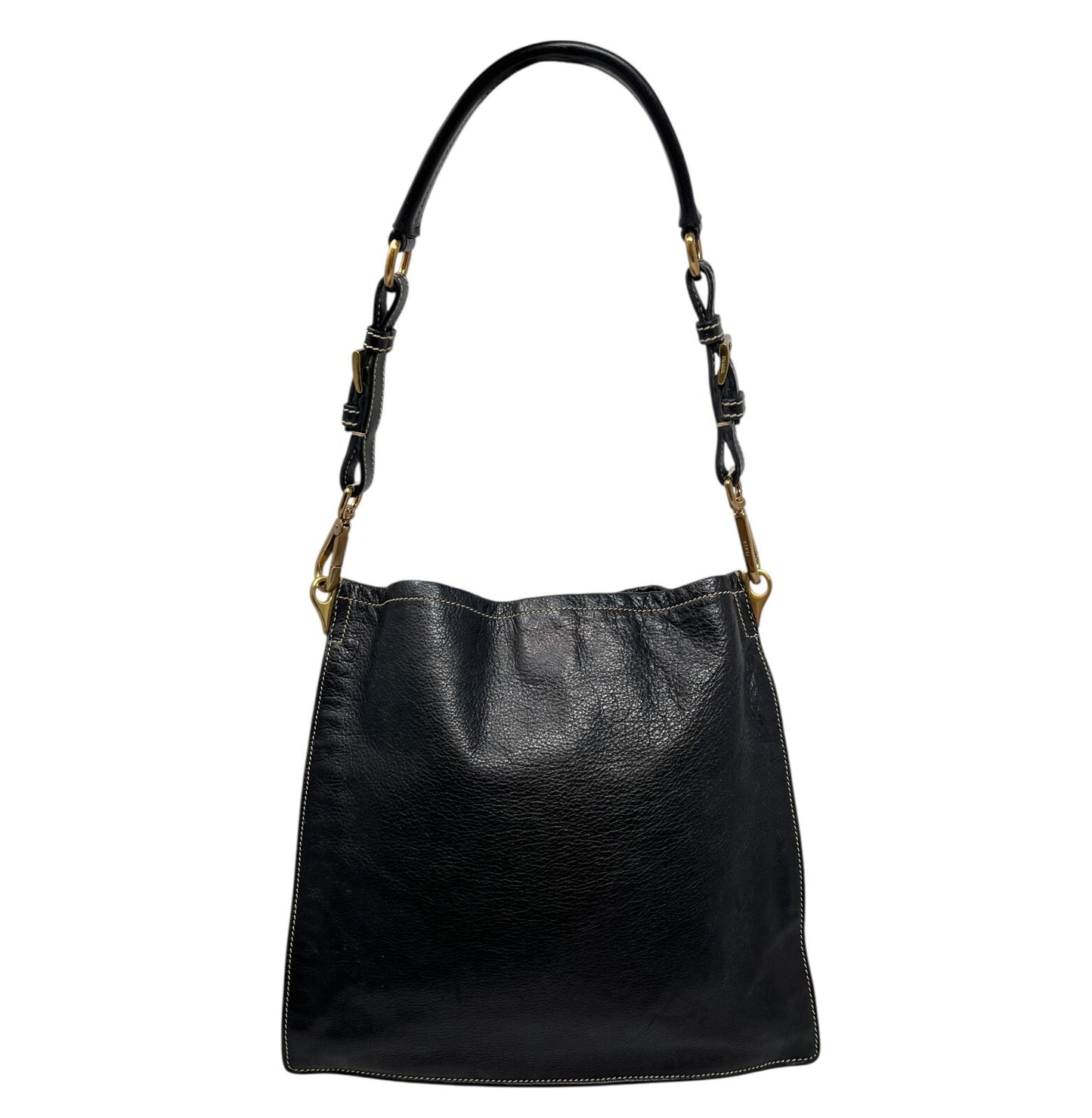 PRADA Vintage Logo Shoulder Bag Square Stitch Magnetic Black Gold Leather