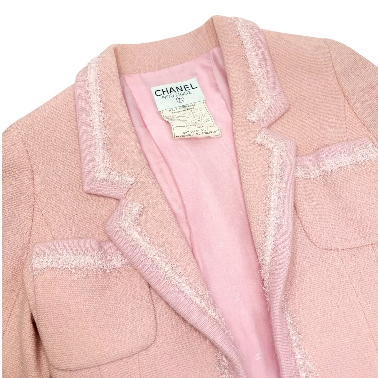 CHANEL Vintage 94A CC Logo Button Tweed Jacket Skirt Set #38 Wool Pink Fringe