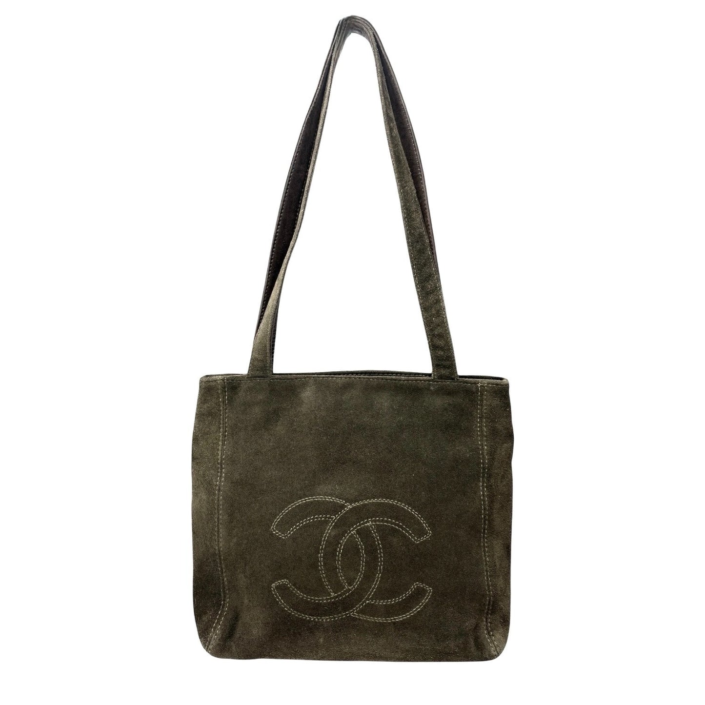 CHANEL Vintage Big CC Logo Embroidered Suede Shoulder Tote Bag Khaki