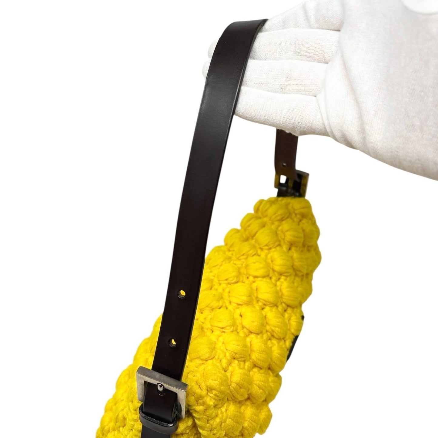 FENDI Vintage Logo Knit Mamma Baguette Shoulder Bag Yellow Brown Wool