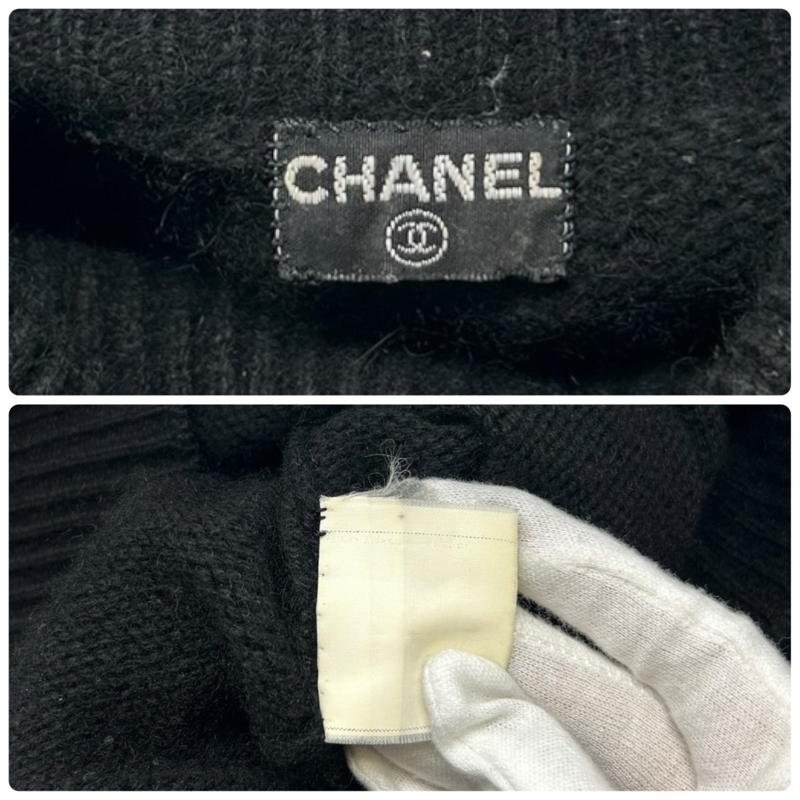 CHANEL Vintage Big CC Logo Knit Sweater Turtleneck Top Black White Cashmere