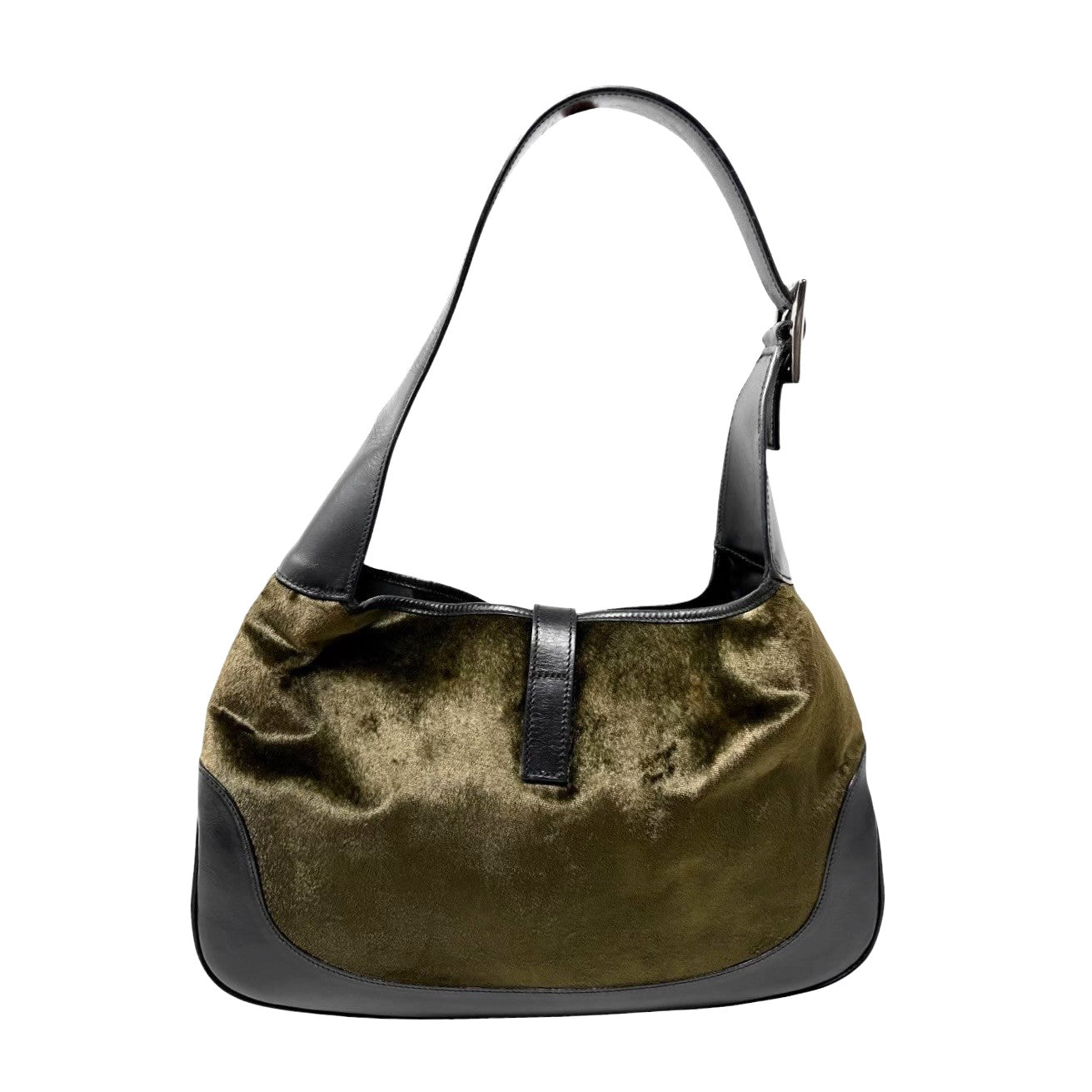 GUCCI Vintage Jackie Velour Shoulder Bag Handbag Green Black Leather 901870