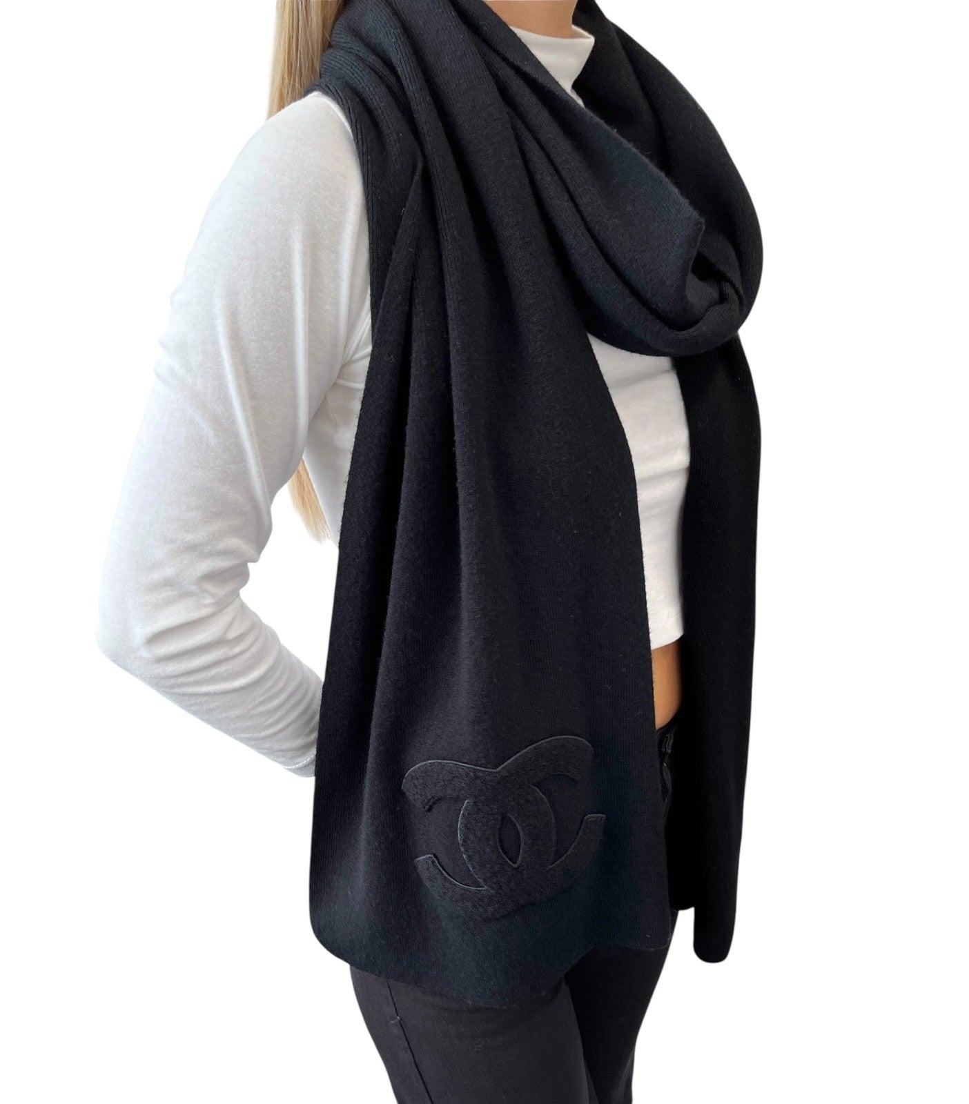 CHANEL Vintage CC Big Logo Muffler Scarf Wrap Accessory Black Cashmere Patch