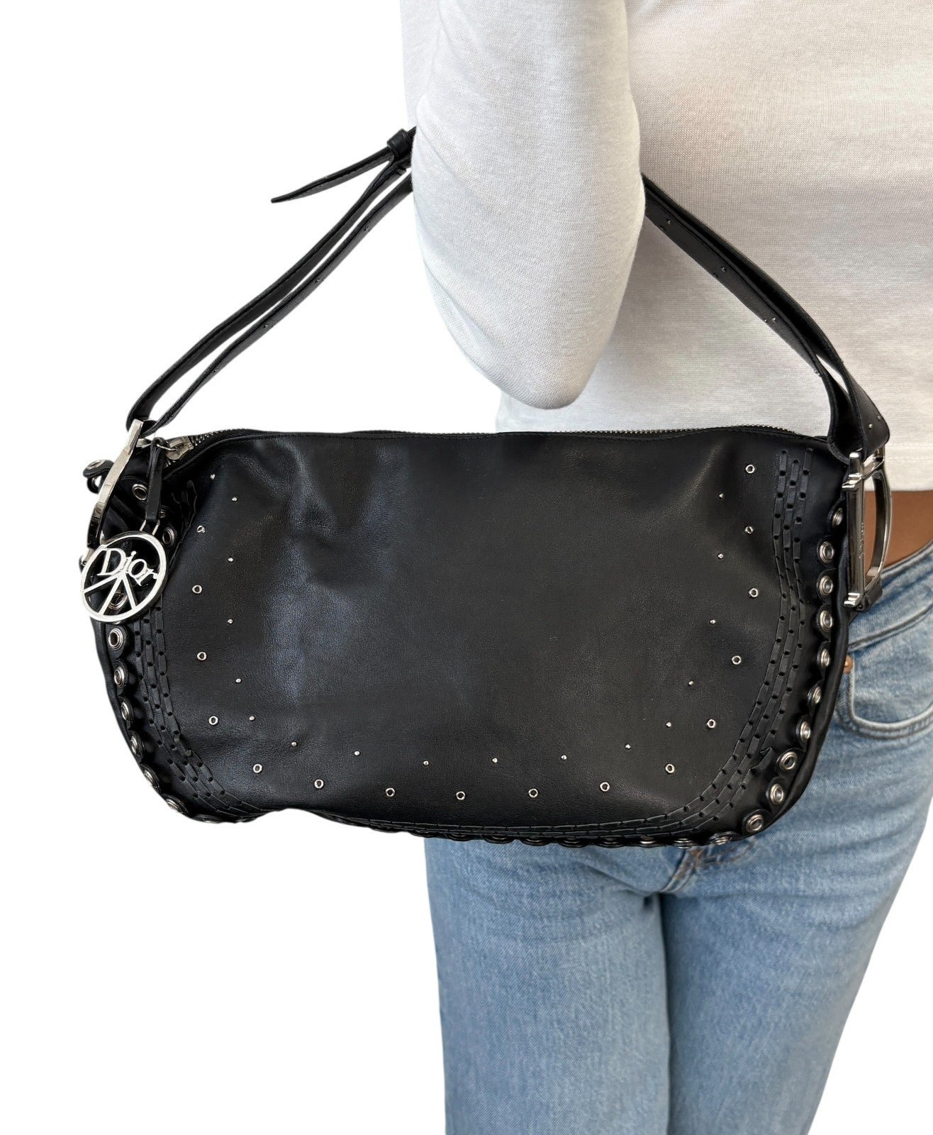 Christian Dior Vintage Peace and Love Leather Hobo Bag Black Silver Studs