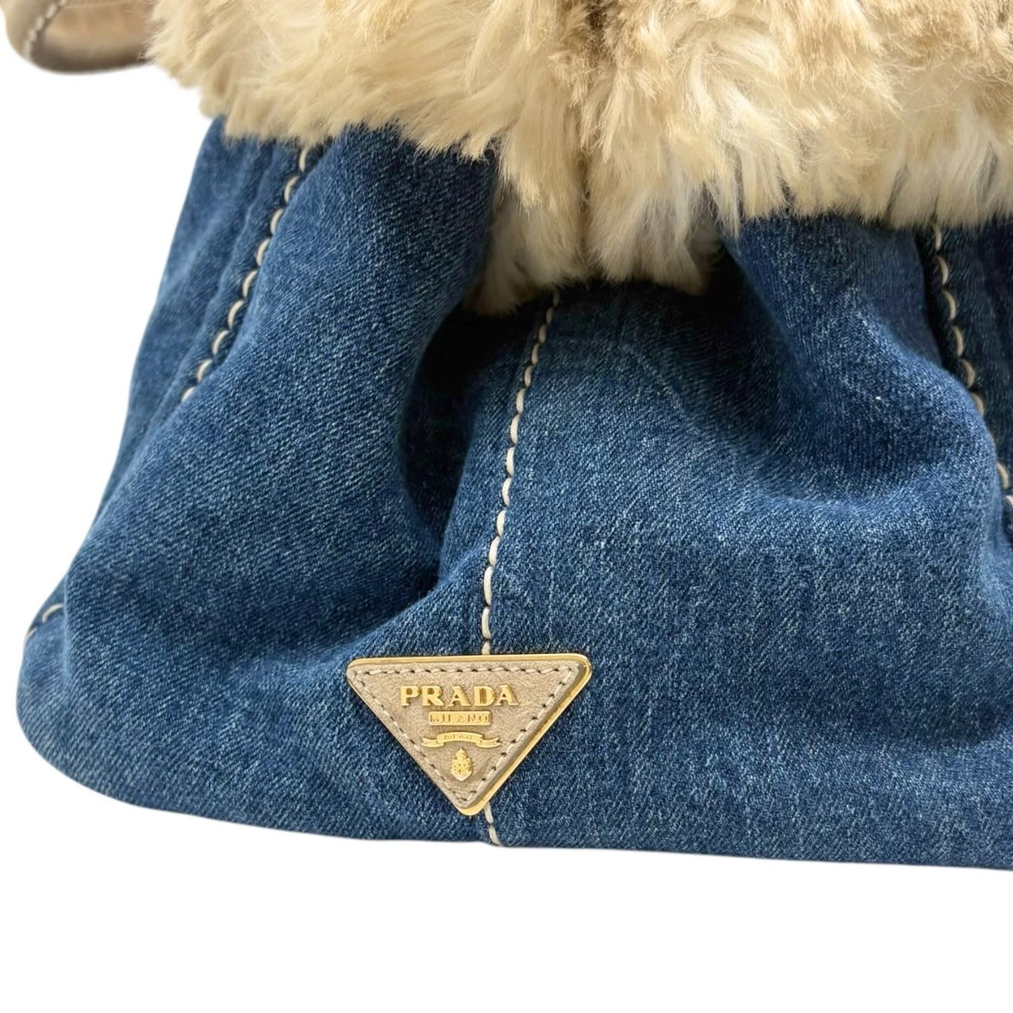 PRADA Vintage Canapa Big Logo Denim Tote Bag Blue Cream Suede Stitch