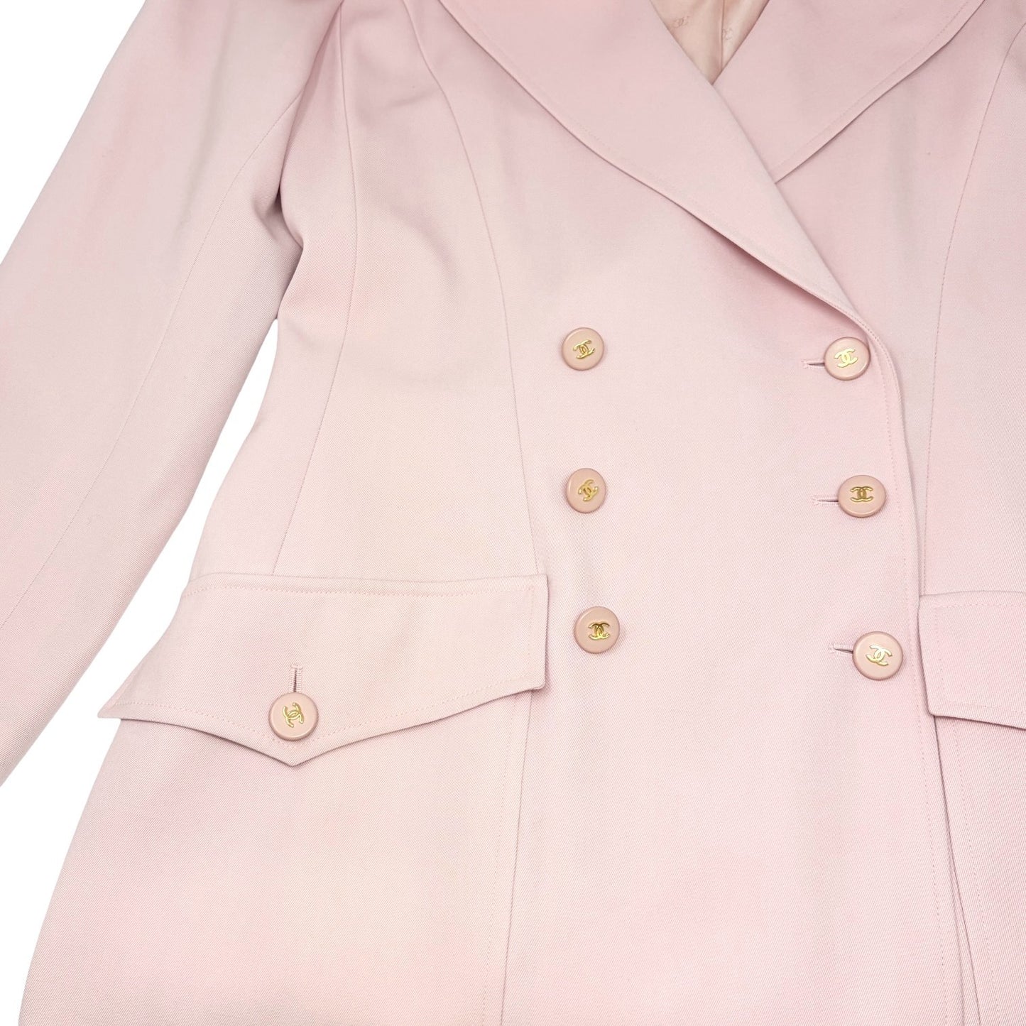 CHANEL Vintage 97P CC Logo Button Blazer Long Coat Jacket #40 Pink Wool