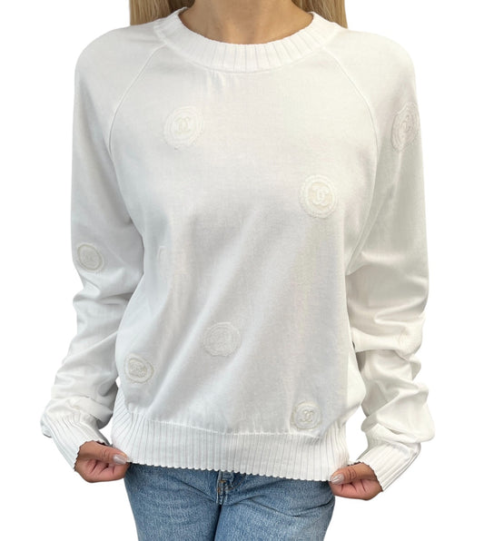 CHANEL Vintage 01P CC Logo Stamp Knit Sweater Top #46 White Pullover  902032