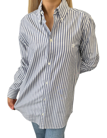 CELINE Triomphe Logo Stripe Button Up Shirt Long Sleeve #36 Blue White Cotton