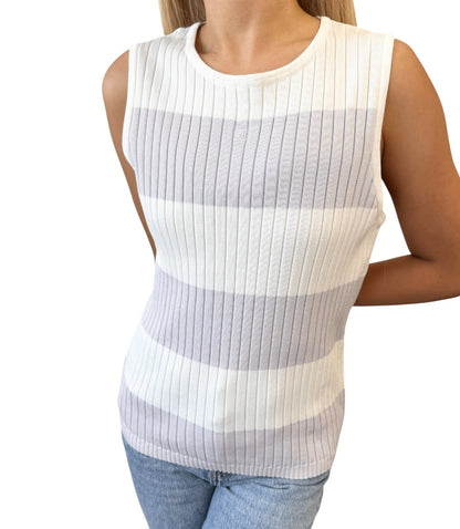 CHANEL Vintage 98P CC Stripe Rib Knit Tank Top #40 White Purple Cotton 902266