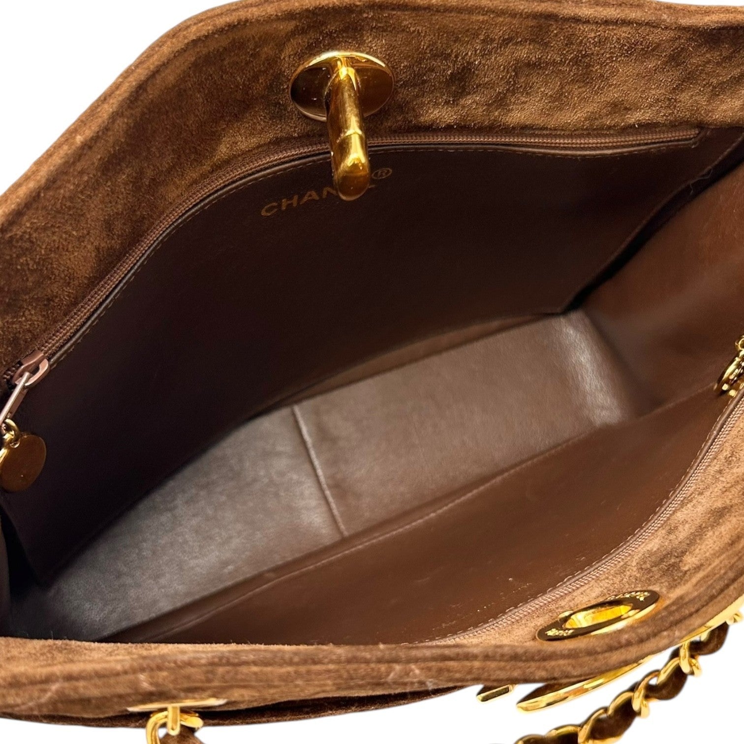 CHANEL Vintage CC Logo Matelasse Chain Shoulder Bag Turnlock Brown Gold Suede