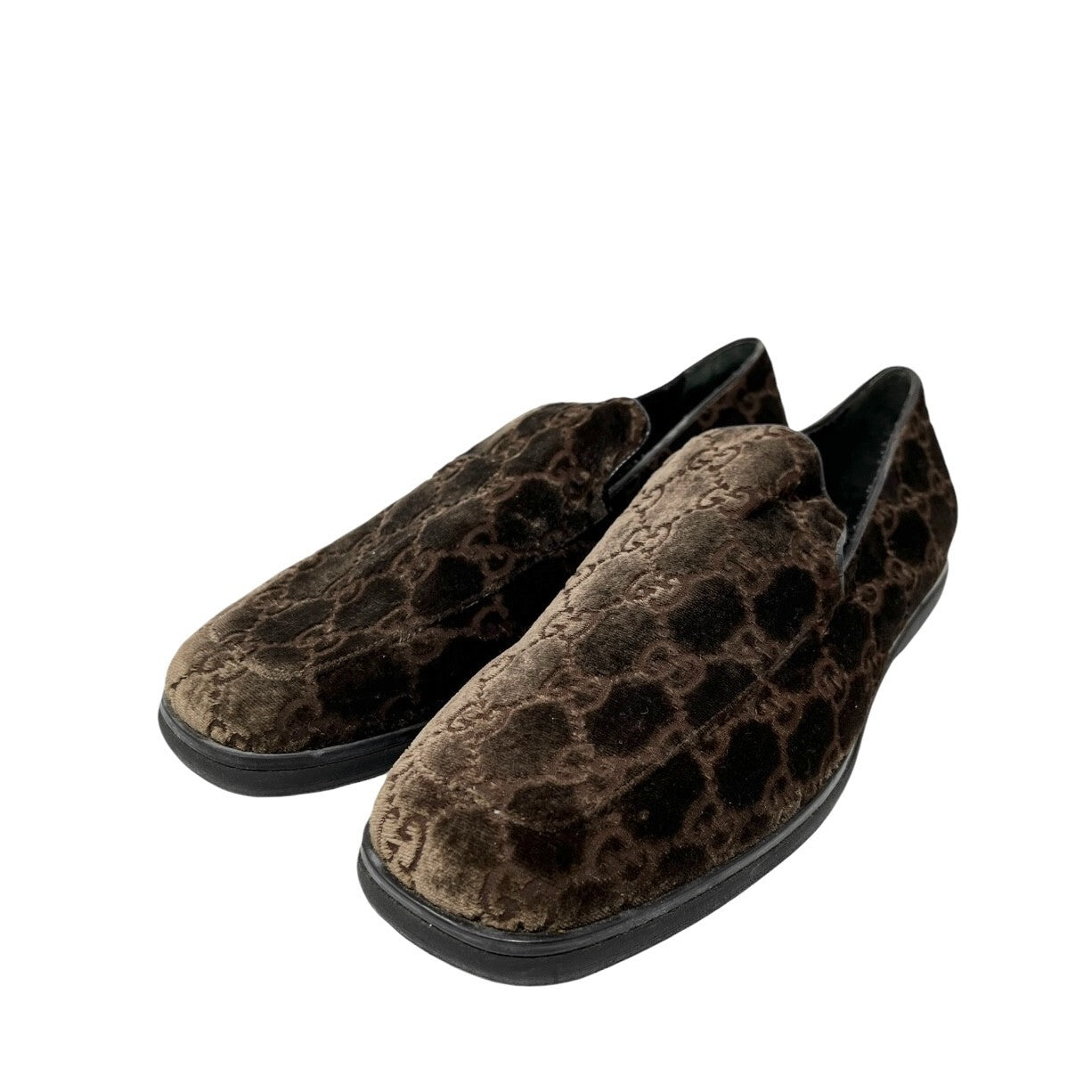 GUCCI Vintage GG Monogram Loafer Shoes #37 US7 Brown Velour Leather Rank AB